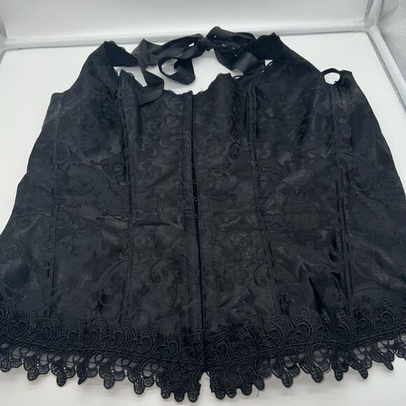 Black Satin Halter Boned Corset with Hook Clasps and Lace Tie (no size listed) P - Picture 1 of 9
